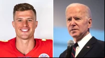 Harrison Butker. Cru00e9dito: Caballeros de Colu00f3n / Joe Biden. Cru00e9dito: Gage Skidmore (CC BY-SA 2.0).