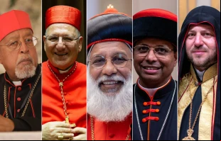 Berhaneyesus Demerew Souraphiel, Luis Rafael I Sako, Baselios Cleemis, George Jacob Koovakad y Mykola Bychok Crédito: Daniel Ibáñez/ EWTN News