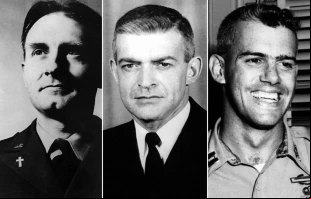 De izquierda a derecha: P. Emil Kapaun, P. Vincent Robert Capodanno y Capitán Humbert Roque Versace Crédito: Dominio Público