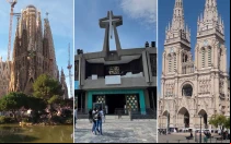 De izquierda a derecha: Basílica de la Sagrada Familia en Barcelona (España); Basílica de Nuestra Señora de Guadalupe en Ciudad de México (México); y Basílica de Nuestra Señora de Luján (Argentina).